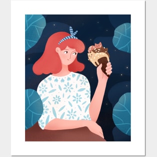 Cute girl with ice cream plants and cats, version 1 Posters and Art